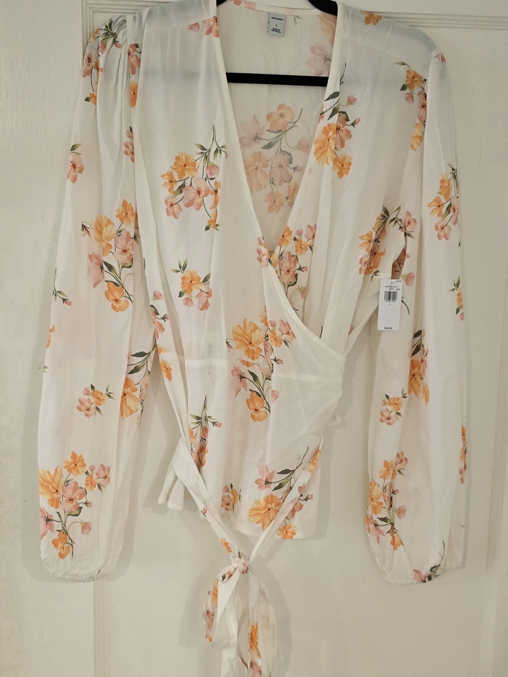 Old Navy Floral Wrap Blouse - White with Peach Blossom Print